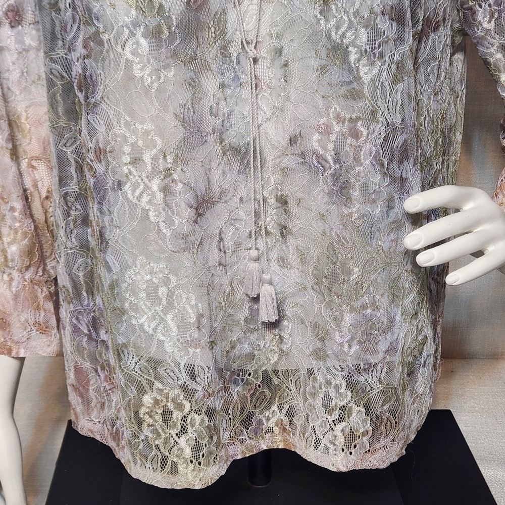Zac & Rachel Women’s L Blouse Lace Fairy Whimsygoth Green Purple Burnout Look - Picture 3 of 10